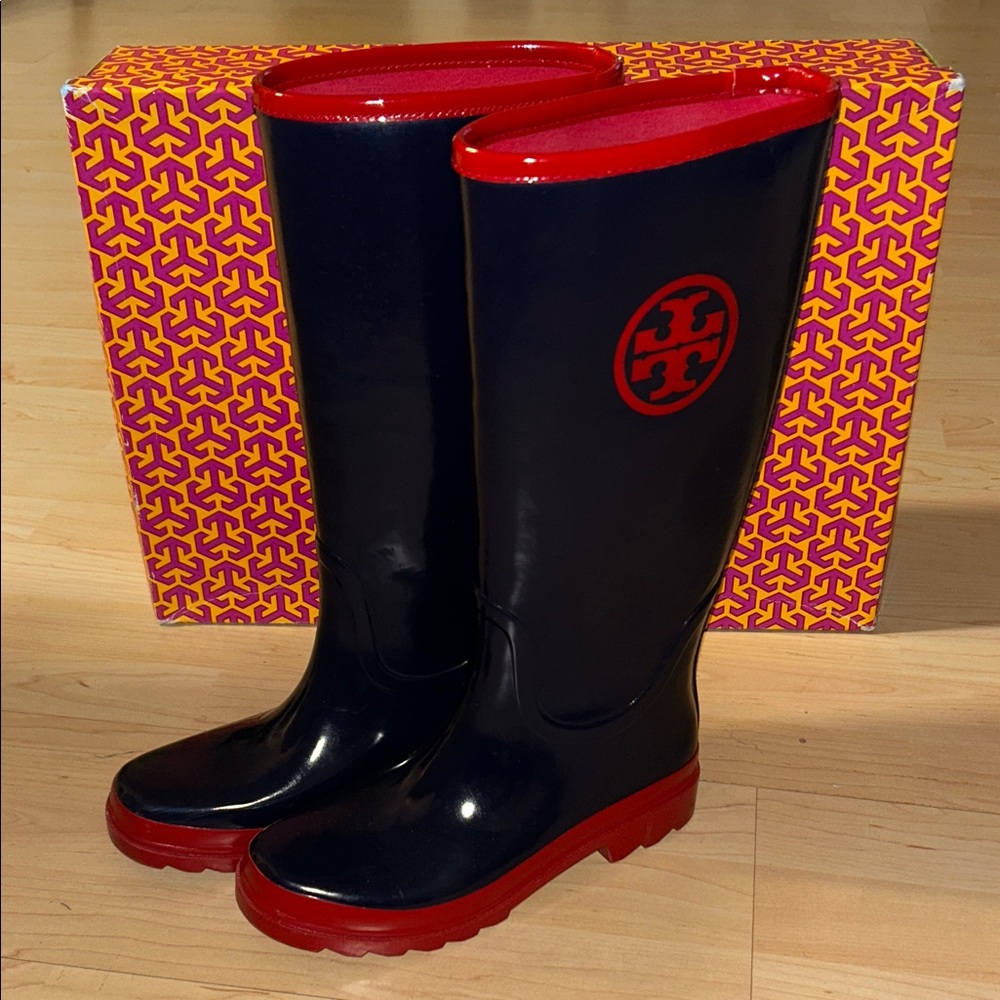 Vintage Tory Burch Navy Red Classic Logo Rain Boots